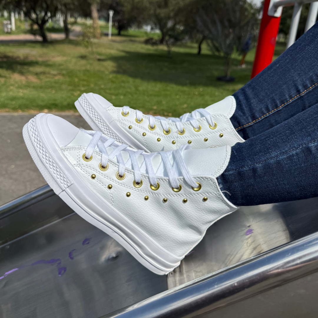 Plataforma Stars Cuero Blanco Tache Dorado