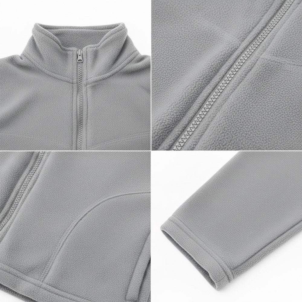 Detalles de cuello, cremallera y puño de la Chaqueta Fliz gris claro