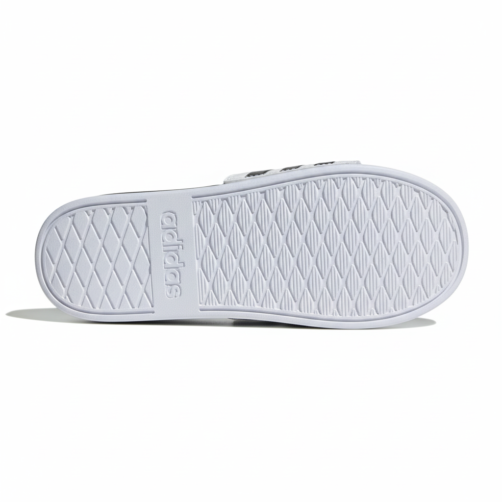 Adidas Superstar blanca suela blanca horizontal completamente plana patrón dos zonas talón rombos grandes líneas gruesas adidas relieve zona principal rombos medianos cuadrícula diagonal densa borde doble perimetral correa blanca 3 rayas negras superior formato cuadrado fondo blanco puro