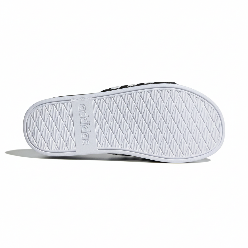 Adidas Superstar negra suela blanca horizontal completamente plana patrón dos zonas talón rombos grandes líneas gruesas adidas relieve zona principal rombos medianos cuadrícula diagonal densa borde doble perimetral correa negra 3 rayas blancas superior formato cuadrado fondo blanco puro