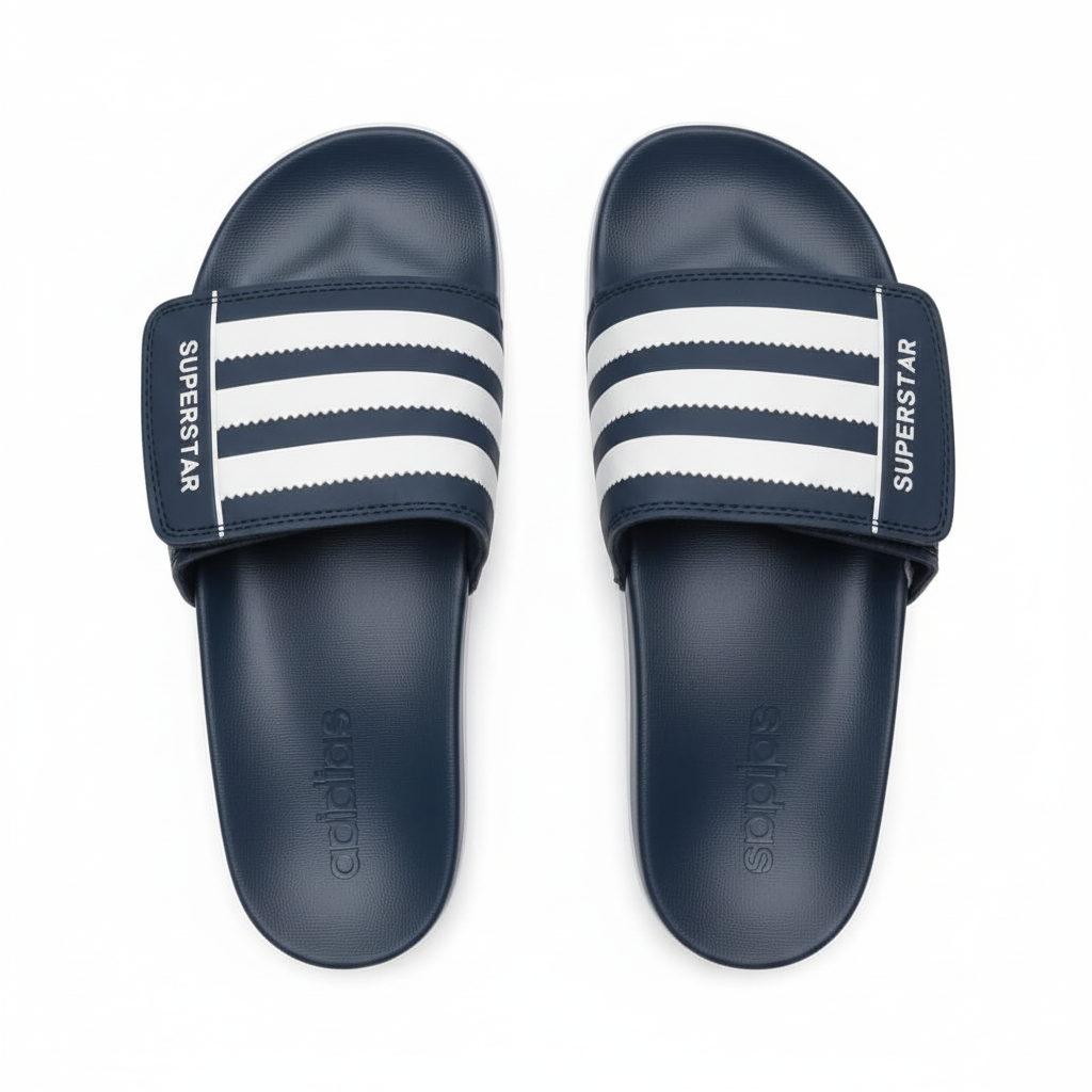 Adidas Superstar slide azul marino par vista aérea footbed azul marino adidas suela blanca rombos