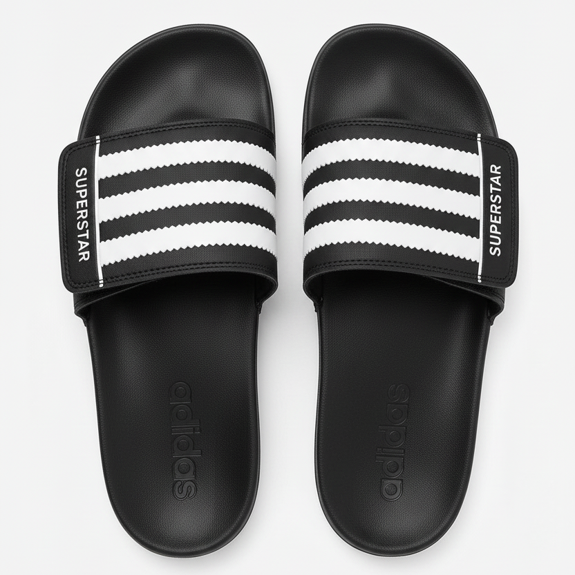 Adidas Superstar slide negra par vista aérea sección blanca 3 rayas negras verticales serradas SUPERSTAR blanco ambos lados velcro checker negro footbed negro adidas relieve ambas sandalias