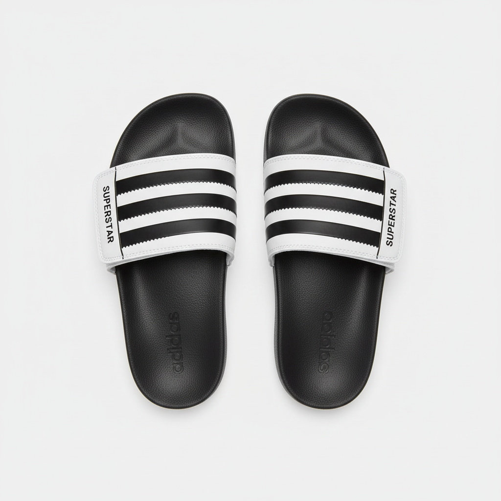 Adidas Superstar slide vista aérea par ambas sandalias negras 3 rayas blancas SUPERSTAR blanco velcro blanco footbed negro adidas