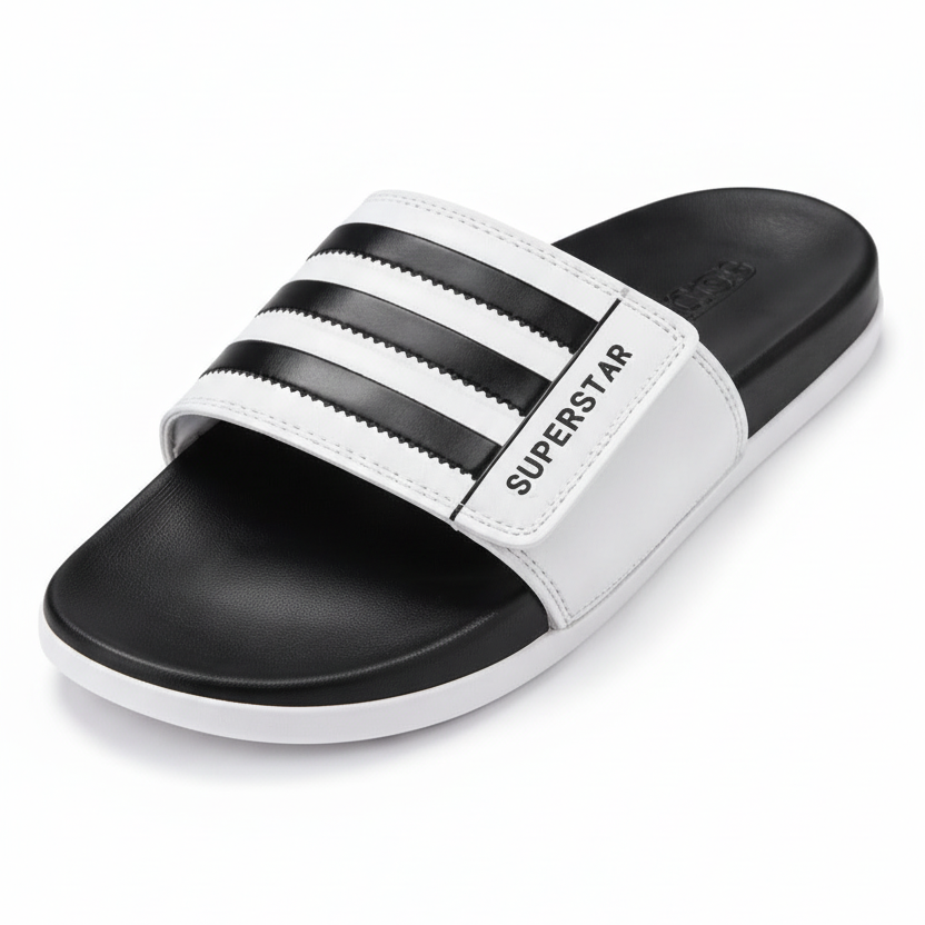 Adidas Superstar slide vista detallada angular 3/4 frontal correa blanca 3 rayas negras serradas SUPERSTAR vertical velcro blanco footbed negro adidas suela blanca