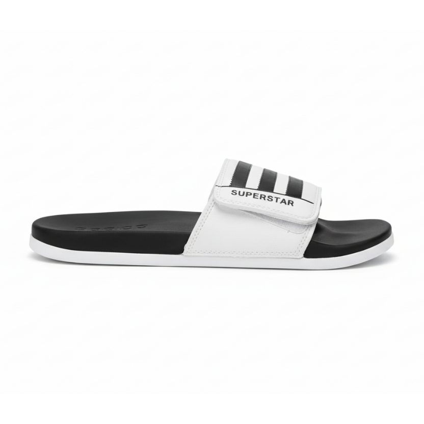 Adidas Superstar slide vista lateral profesional correa blanca 3 rayas negras serradas SUPERSTAR negro footbed negro adidas suela blanca limpia