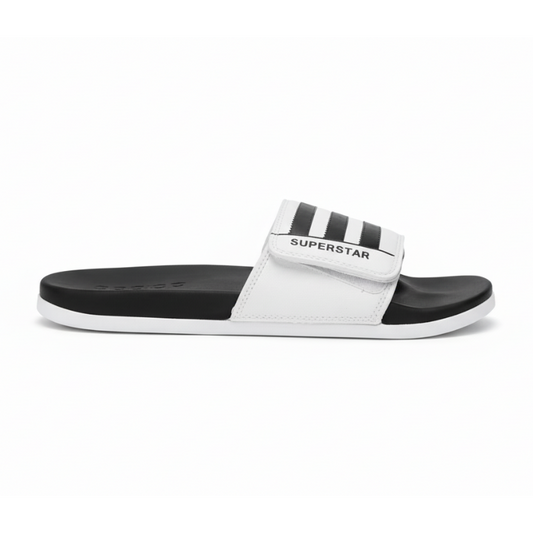 Adidas Superstar slide vista lateral profesional correa blanca 3 rayas negras serradas SUPERSTAR negro footbed negro adidas suela blanca limpia