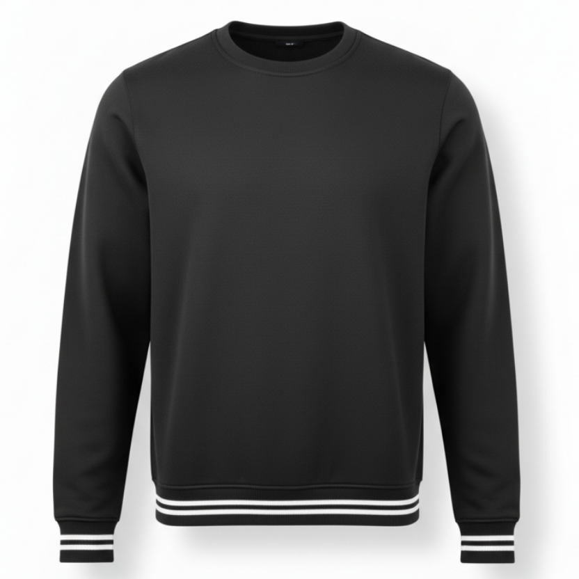 Buso negro crewneck vista frontal maniquí invisible fondo blanco sin gráficos cuello redondo ribetes rayas negro blanco puños borde inferior forma 3D ghost mannequin e-commerce profesional