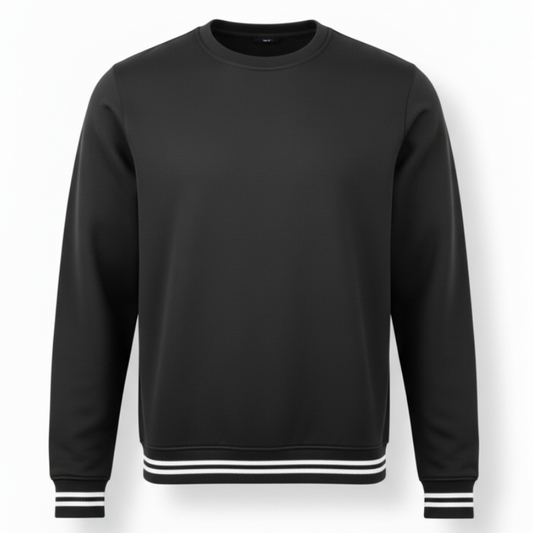 Buso negro crewneck vista frontal maniquí invisible fondo blanco sin gráficos cuello redondo ribetes rayas negro blanco puños borde inferior forma 3D ghost mannequin e-commerce profesional