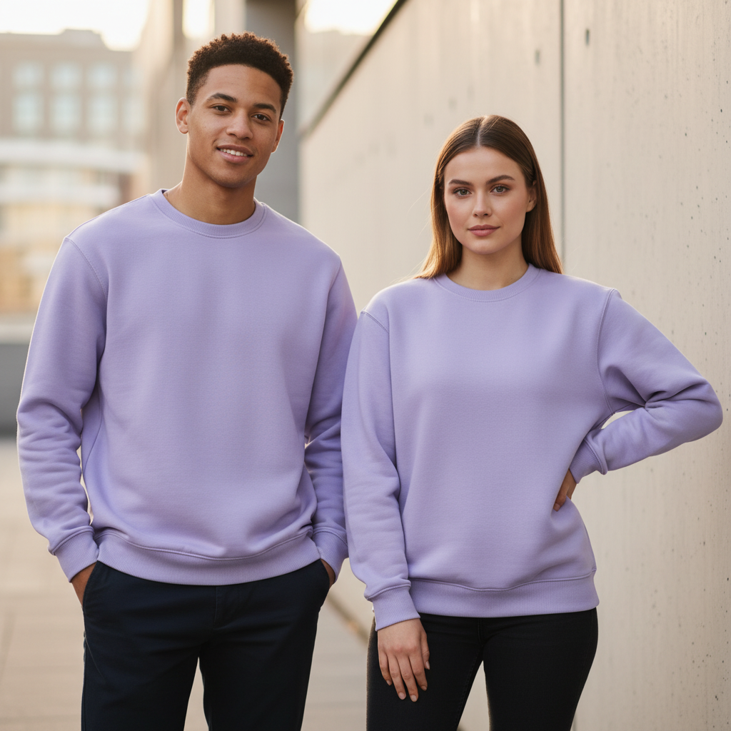 Hombre y mujer buso lila lavanda crewneck rib liso mismo color puños borde inferior sin gráficos recortado cintura arriba pose casual editorial cuadrado