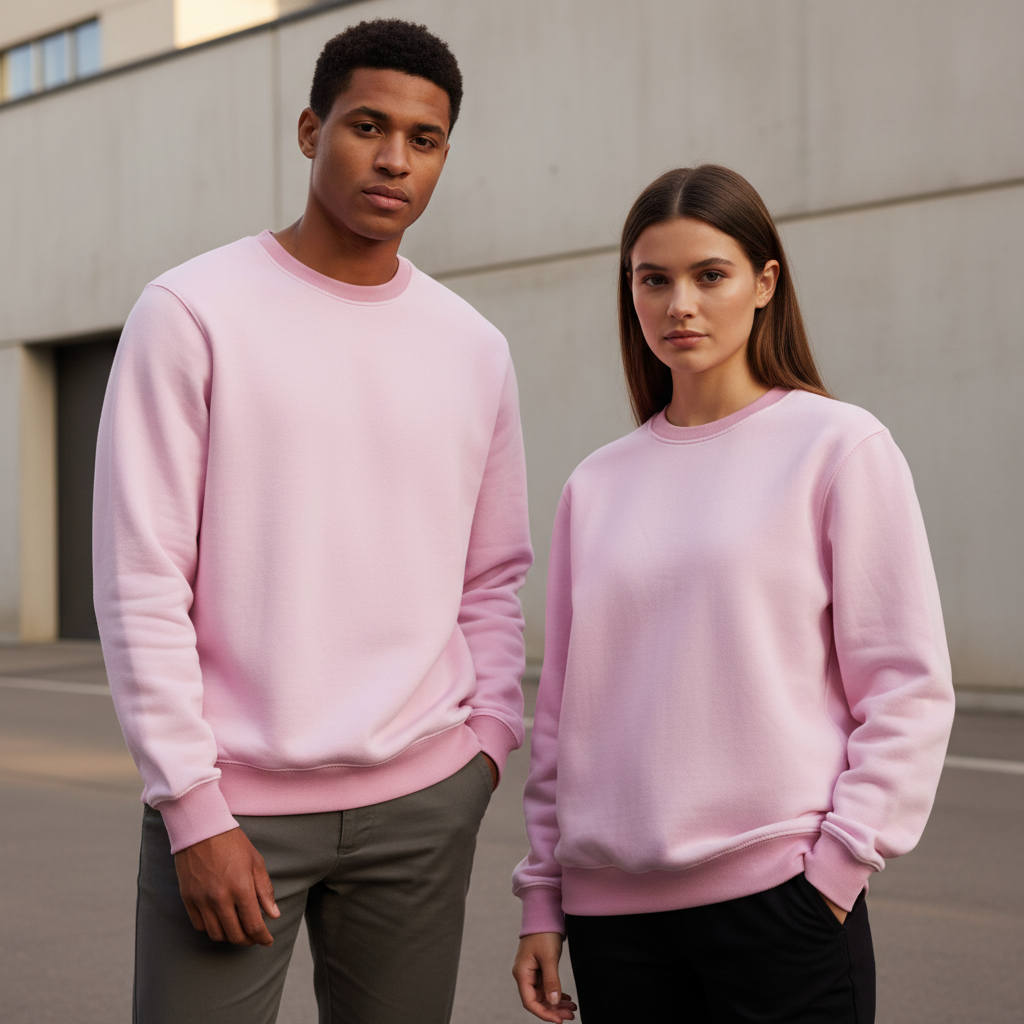 Hombre y mujer buso rosado baby pink crewneck rib liso mismo color recortado cintura arriba pose casual editorial cuadrado