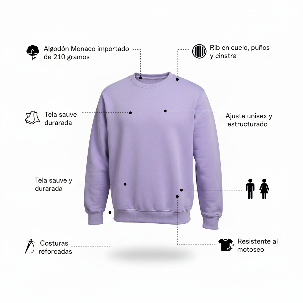 Infografía buso lila lavanda crewneck maniquí invisible fondo blanco íconos textos descriptivos español Algodón Monaco Rib cuello puños cintura tela suave ajuste unisex costuras reforzadas resistente motoseo cuadrado