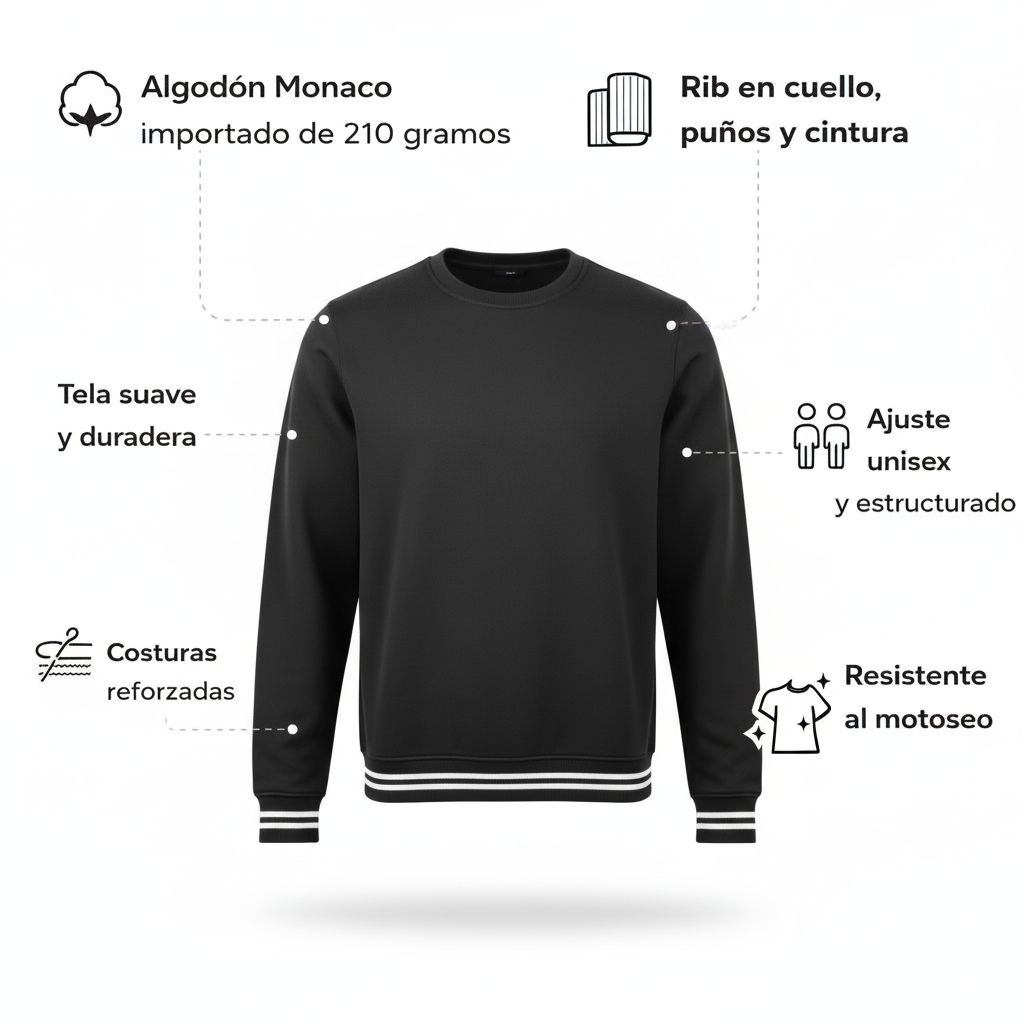 Infografía buso negro crewneck rayas negro blanco puños borde inferior maniquí invisible fondo blanco íconos textos descriptivos español Algodón Monaco Rib cuello puños cintura tela suave duradera ajuste unisex costuras reforzadas resistente motoseo