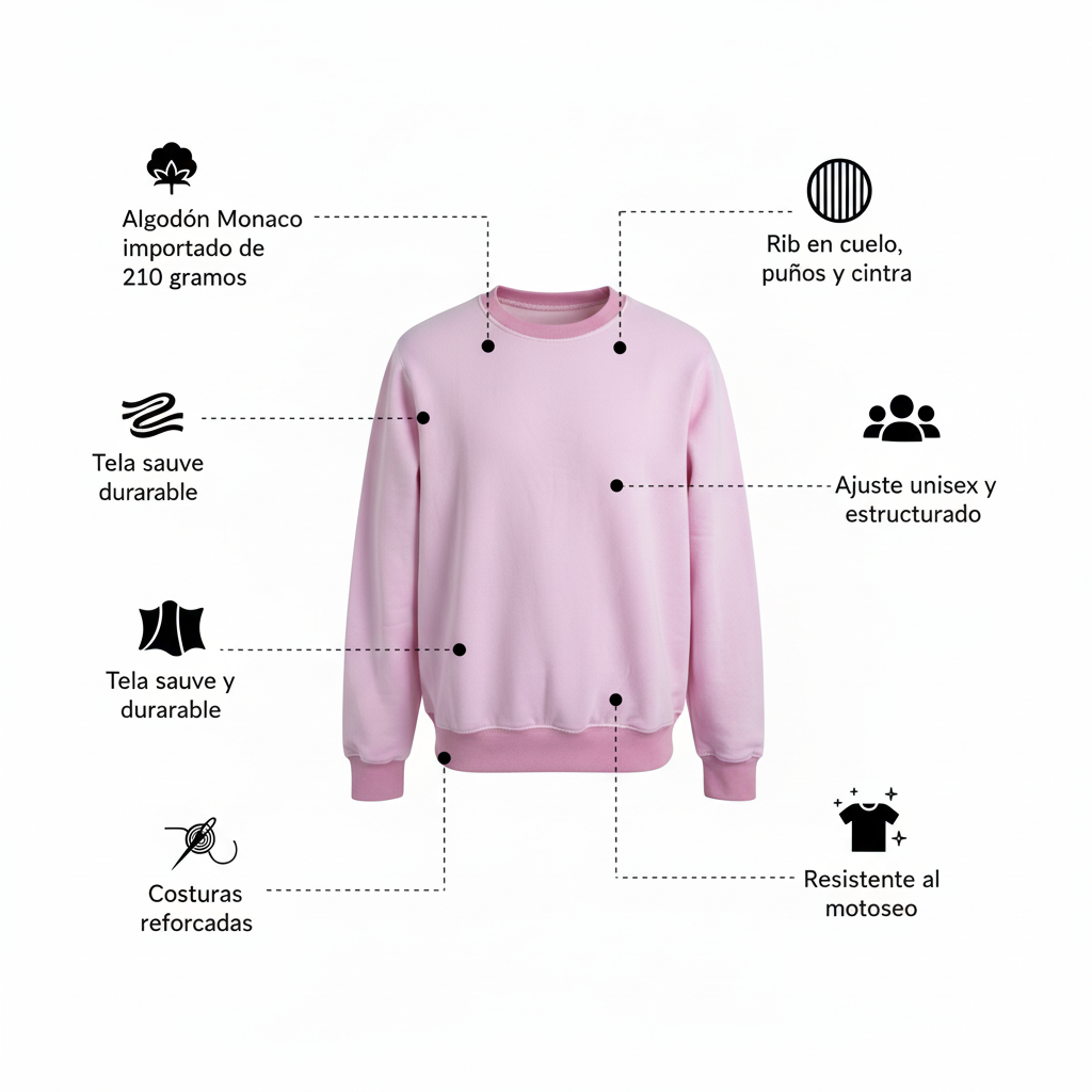 Infografía buso rosado baby pink crewneck maniquí invisible fondo blanco íconos textos descriptivos español Algodón Monaco Rib cuello puños cintura tela suave ajuste unisex costuras reforzadas resistente motoseo cuadrado