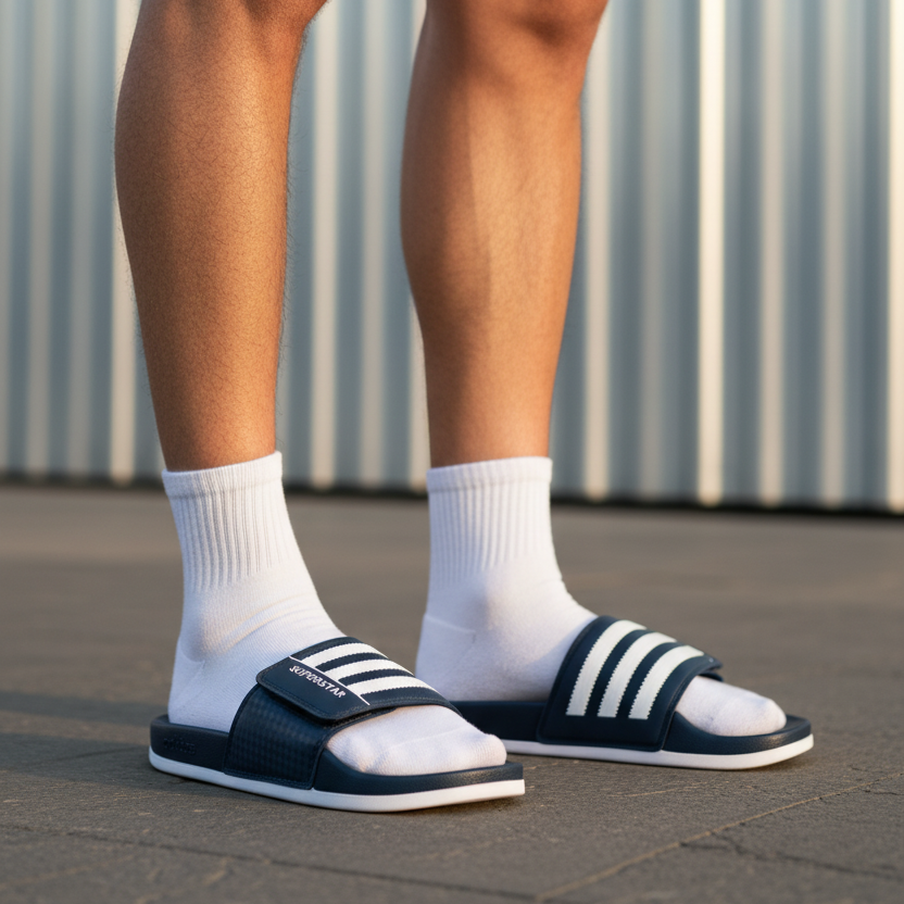 Modelo con Adidas Superstar slide azul marino 3 rayas blancas verticales SUPERSTAR blanco velcro checker footbed azul marino adidas suela blanca gruesa lifestyle urbano pared metálica calcetines blancos shorts oscuros