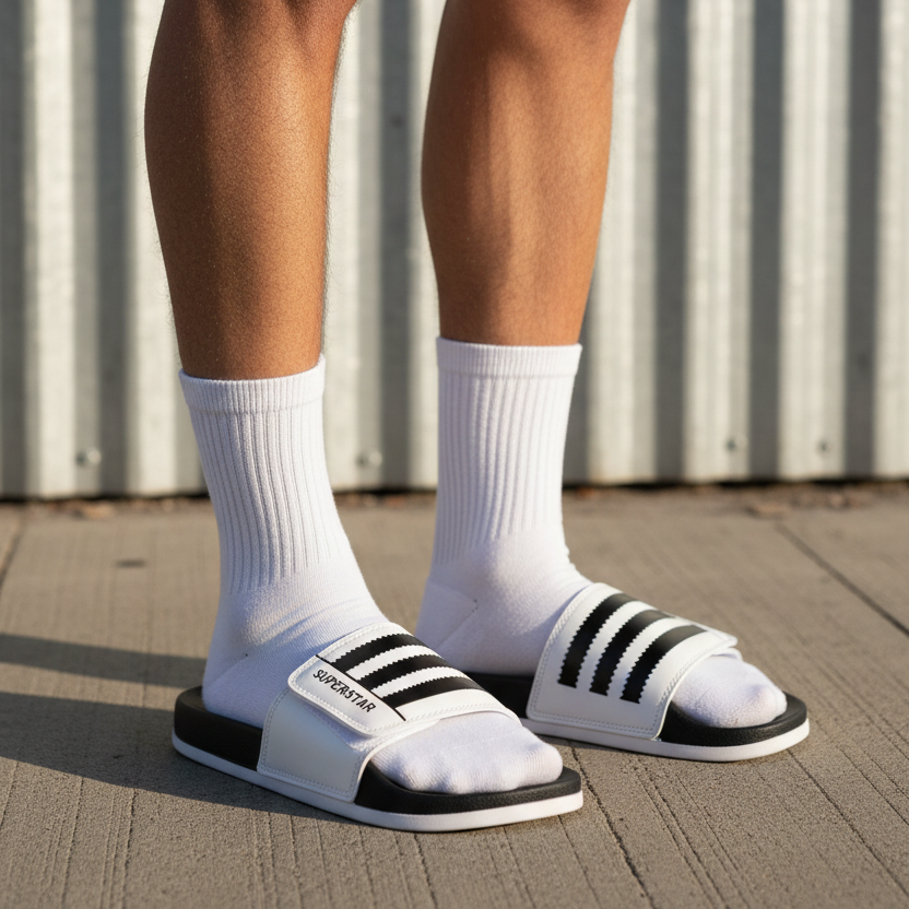 Modelo con Adidas Superstar slide blanca 3 rayas negras serradas SUPERSTAR lifestyle urbano pared metálica calcetines blancos shorts oscuros