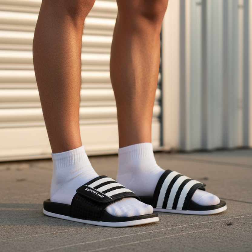 Modelo con Adidas Superstar slide negra 3 rayas blancas serradas SUPERSTAR blanco checker velcro lifestyle urbano pared metálica calcetines blancos shorts oscuros