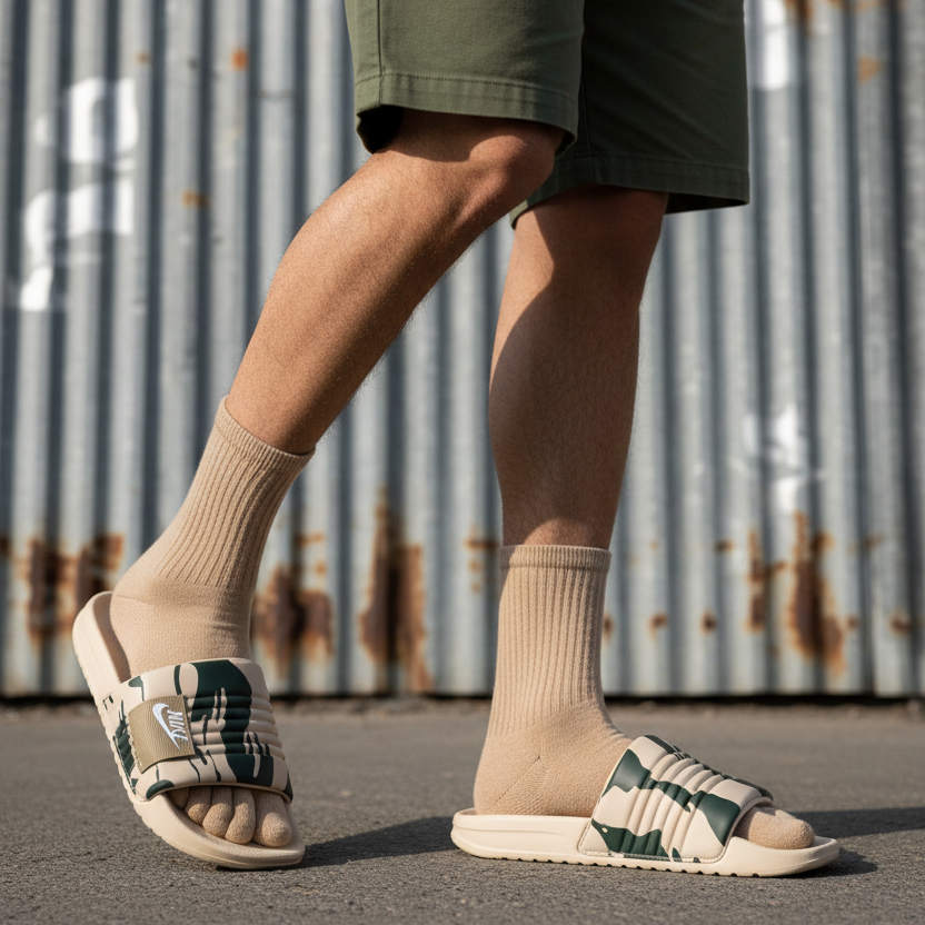 Modelo con sandalias beige con estampado verde Nike 011 referencia