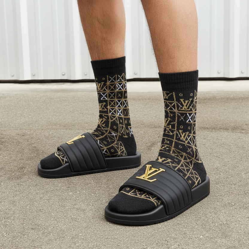 Modelo con sandalias negras acolchadas