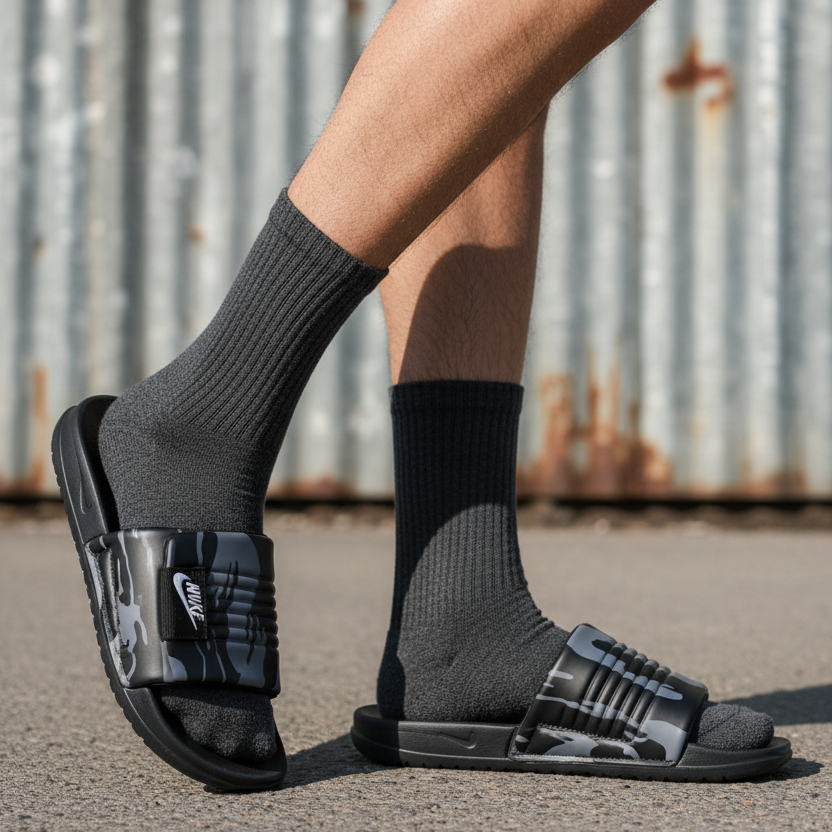Modelo con sandalias negras con estampado gris Nike 012