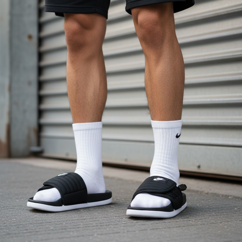 Modelo con sandalias Nike negras con elásticos y clip 018 igual referencia