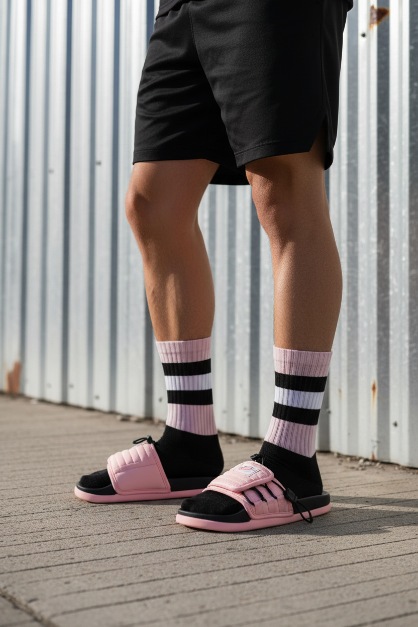 Modelo con sandalias rosadas con footbed negro 009