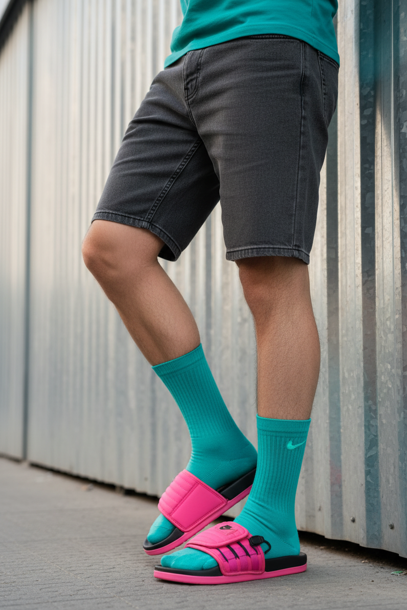 Modelo con sandalias rosadas fucsia con hebillas negras 015
