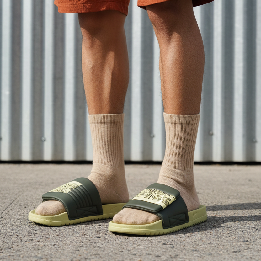 Modelo con sandalias verde oliva con banda amarilla 006 exactamente igual diseños referencia