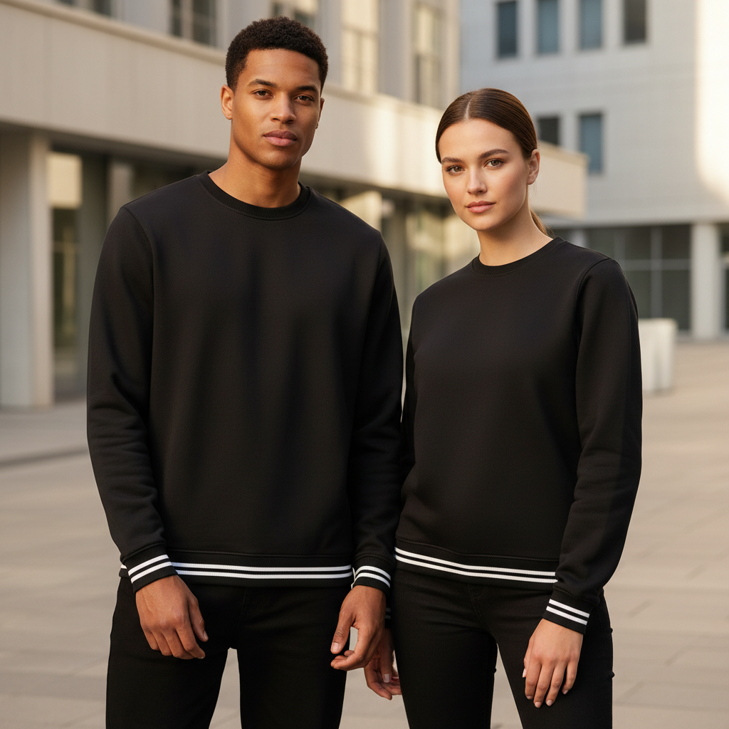 Modelo masculino y femenino buso negro crewneck ribetes rayas negro blanco puños recortado cintura arriba solo torso y cabeza pose casual editorial cuadrado