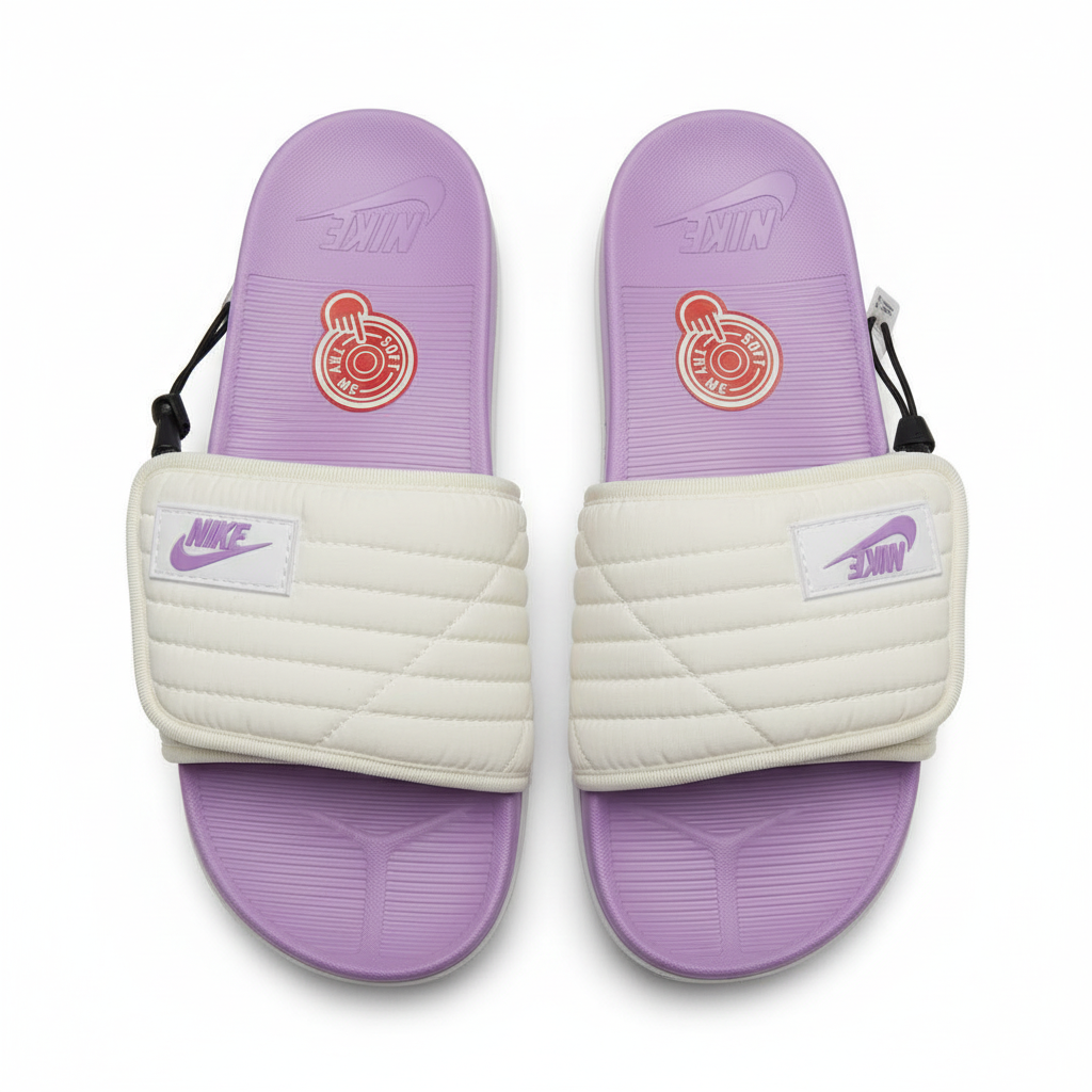 Nike slide crema morada par vista aérea footbed morado lavanda emblema rojo dorado SOFT TRY mano apuntando NIKE relieve morado correa crema puffer quilted parche Nike swoosh morado cordón negro stopper