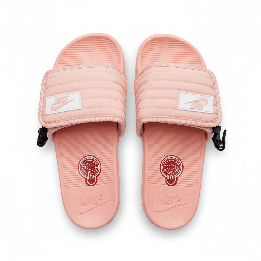 Nike slide rosa salmón par dos sandalias vista aérea top-down correa puffer quilted costuras horizontales muy marcadas parche blanco Nike swoosh rosa derecho cordón negro clip derecho footbed rosa SOFT TRY emblema rojo centro-izquierda NIKE swoosh relieve rosa grande centro-inferior ambas sandalias fondo blanco
