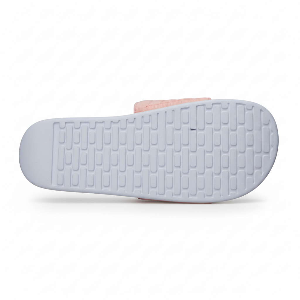 Nike slide rosa suela blanca gris claro patrón rectángulos horizontales escalonados offset brick ladrillos reales profundamente grabados correa rosa superior cordón negro inferior-derecho vista top-down