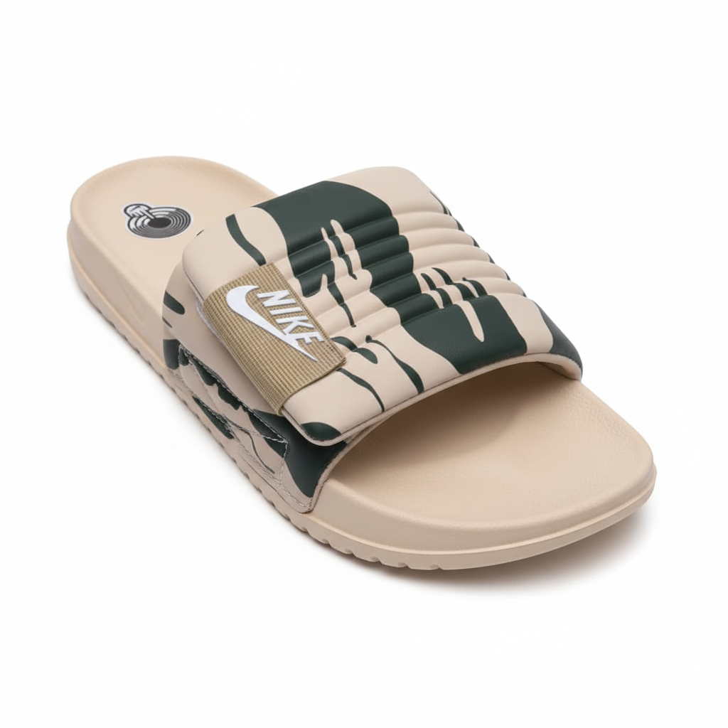 Sandalia beige con estampado verde Nike 011 detalle estampado cosido lateral exacto