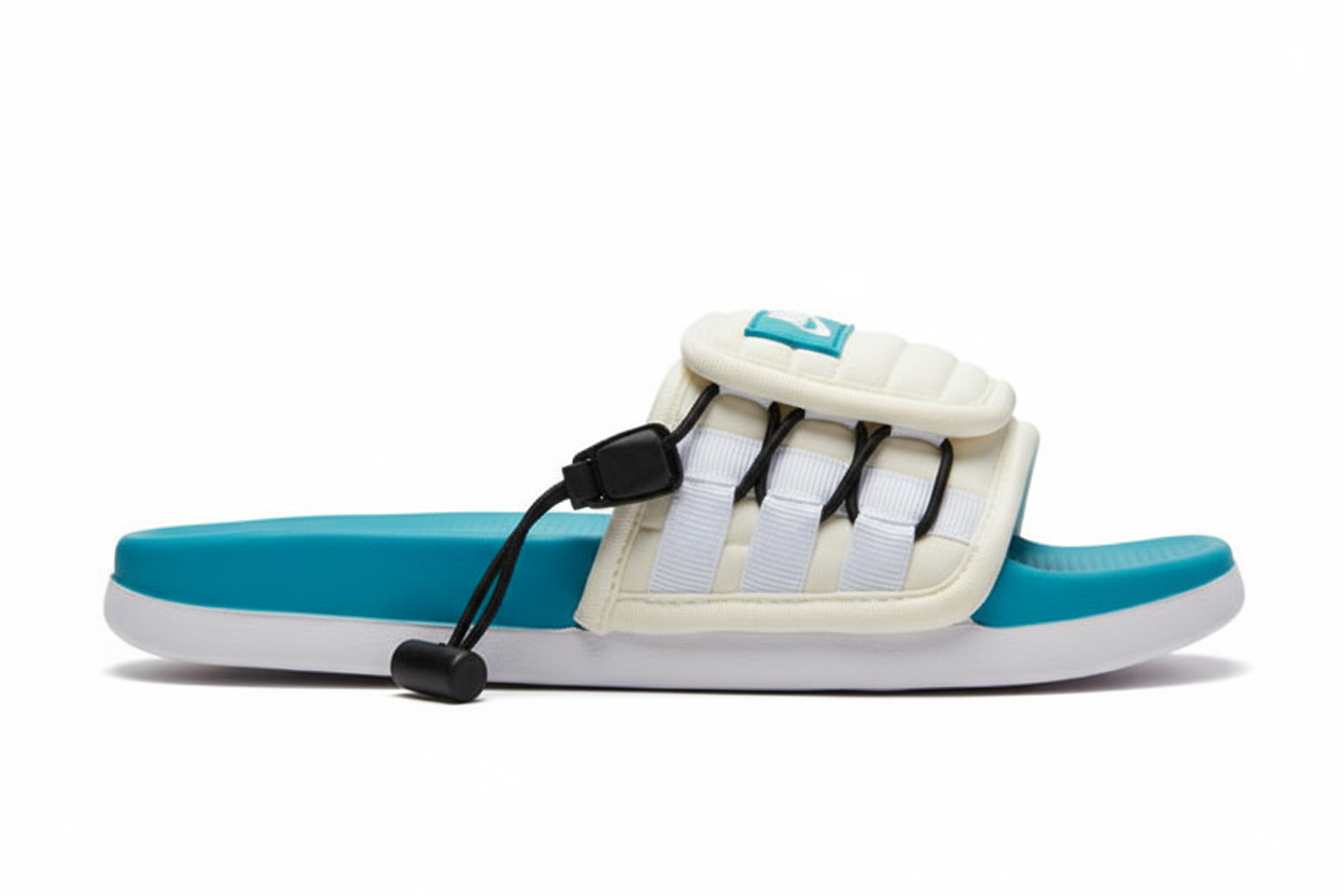 Sandalia Nike crema turquesa vista lateral con bolsillo estructurado correas negras y cordón con tope cilíndrico
