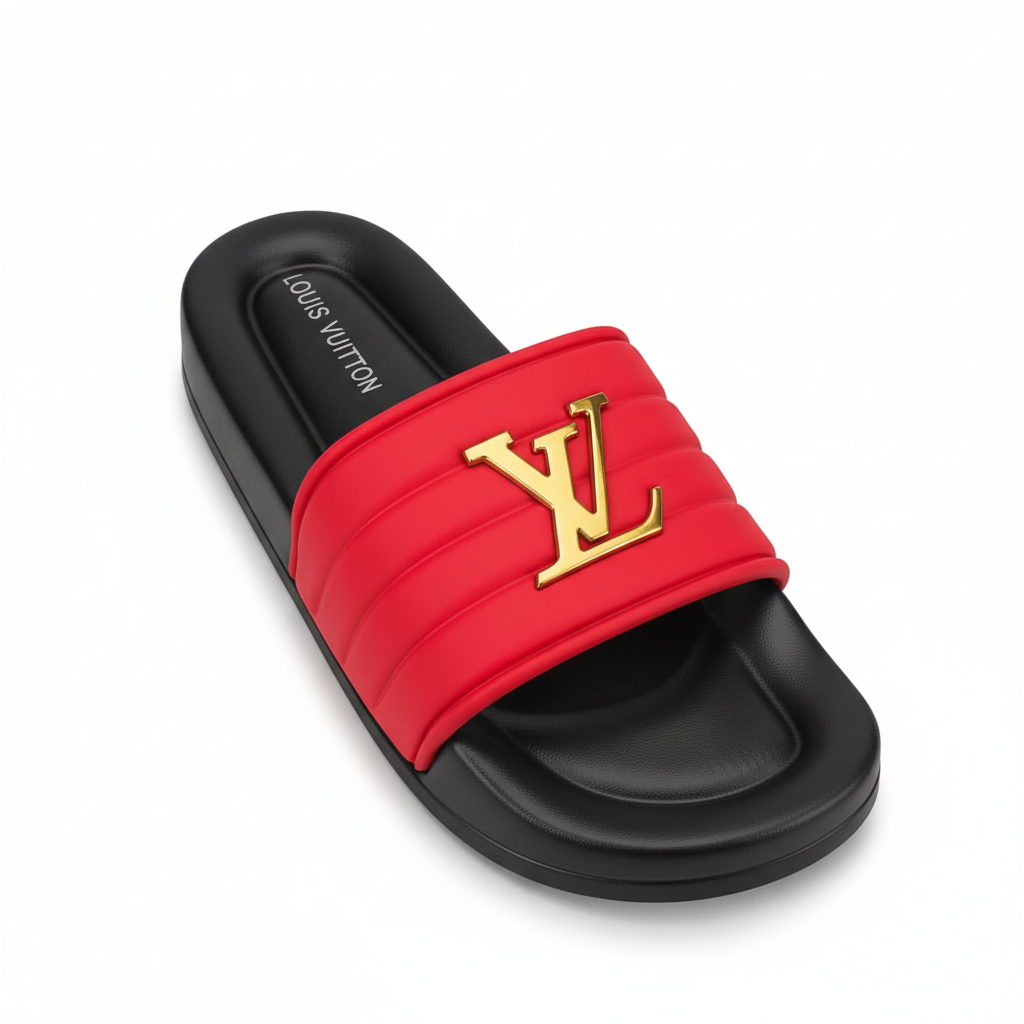 Sandalia roja con logo LV dorado 016 detalle