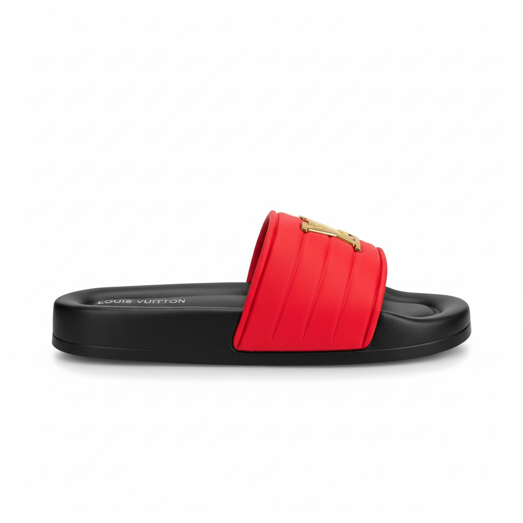 Sandalia roja con logo LV dorado 016 vista lateral suela corregida