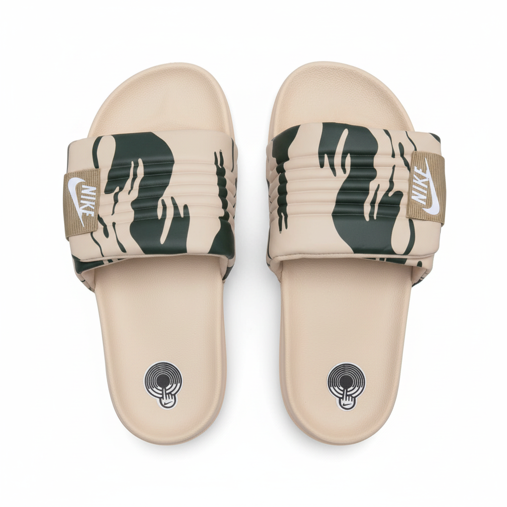 Sandalias beige con estampado verde Nike 011 vista aérea logos mismo lado