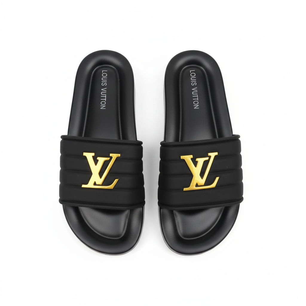 Sandalias negras acolchadas 002 vista aérea logos hacia arriba