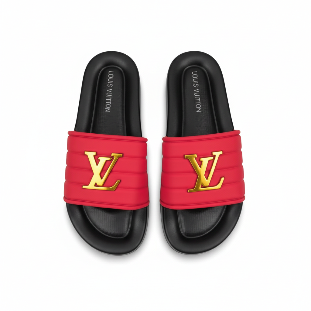 Sandalias rojas con logo LV dorado 016 vista aérea