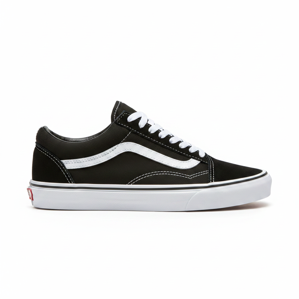 Vans Old Skool negro blanco vista lateral cuadrado lengüeta negra limpia sin etiqueta gris upper negro franja jazz blanca diagonal cordones blancos parche rojo talón midsole blanca fondo blanco puro