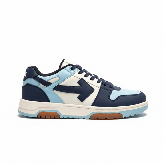 Zapatilla Off-White azul claro navy blanco vista lateral cuadrado fondo blanco